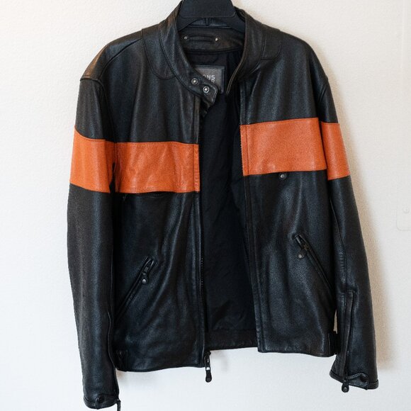 Wilsons Leather Moto Racer Jacket Black Orange Harley Stripe Insulated L - Picture 2 of 5